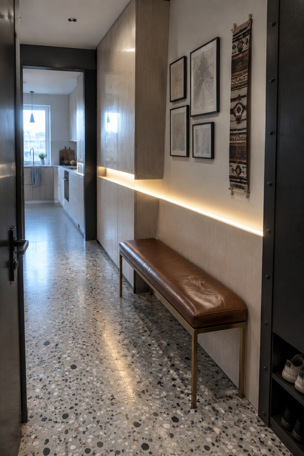 Narrow hallway interior with a long brown leather bench against a light wood wall, horizontal LED light strip above it, framed maps and woven textile on the wall, terrazzo floor, and view into a kitchen.