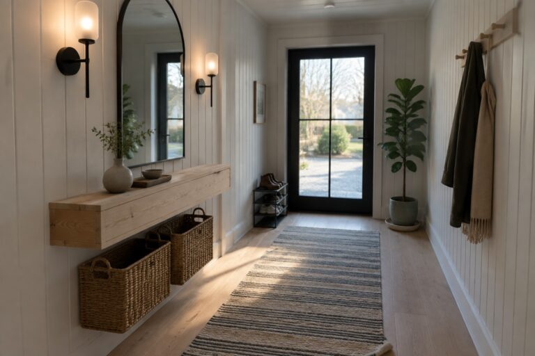 Narrow interior entryway with light wood flooring, a floating wood console holding a vase and small items, two woven baskets below, an oval mirror flanked by two black wall sconces, a coat rack, and a long striped runner rug leading toward a black door.