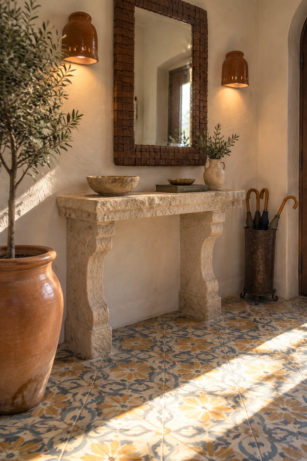 Sunlit entryway with stone console, mosaic mirror, terracotta pots, and patterned tile floor