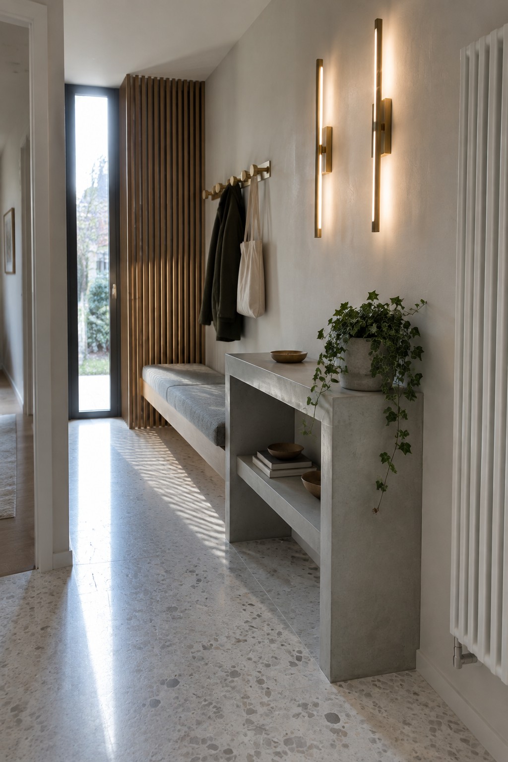 A narrow interior entryway featuring two tall vertical wall sconces, a concrete console table with a potted plant, and a built-in bench with coat hooks.