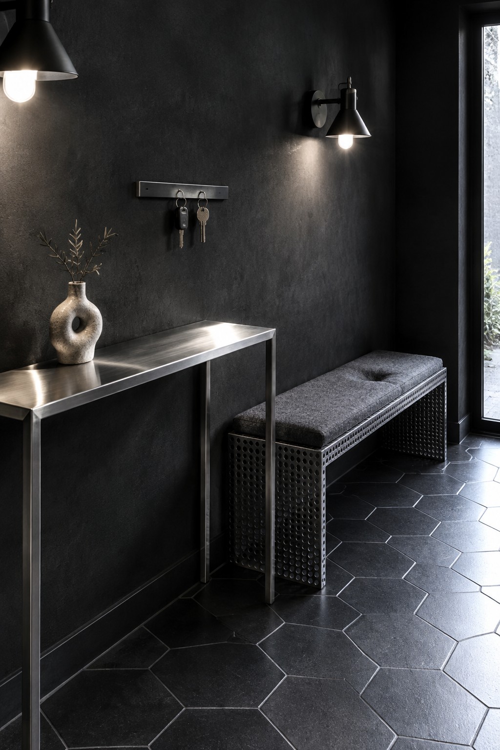 A narrow interior entryway with dark textured walls, two black wall-mounted sconces, a metal console table with a ceramic vase, and a long upholstered bench on dark hexagonal tile.