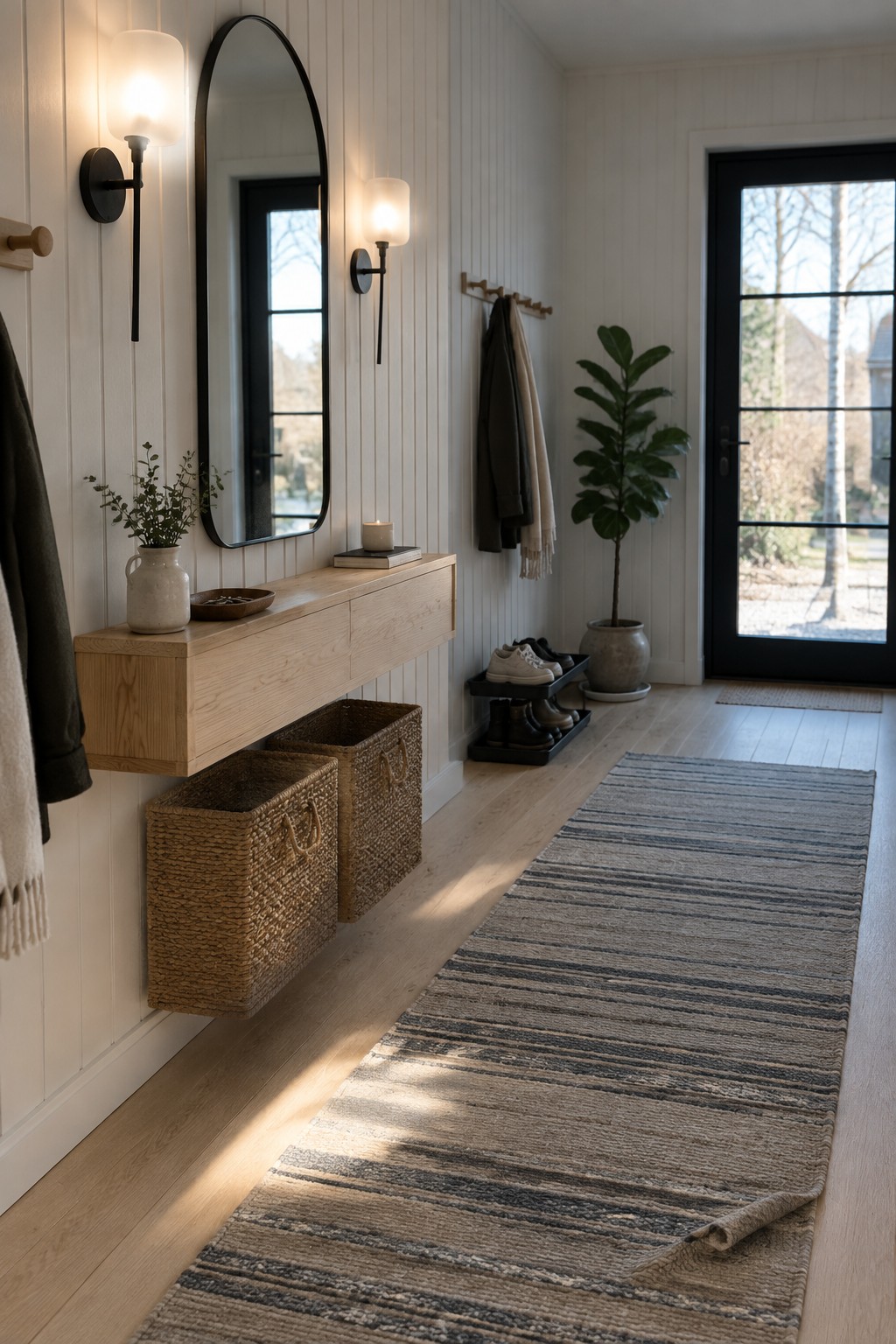Narrow interior entryway with light wood flooring, a floating wood console holding a vase and small items, two woven baskets below, an oval mirror flanked by two black wall sconces, a coat rack, and a long striped runner rug leading toward a black door.