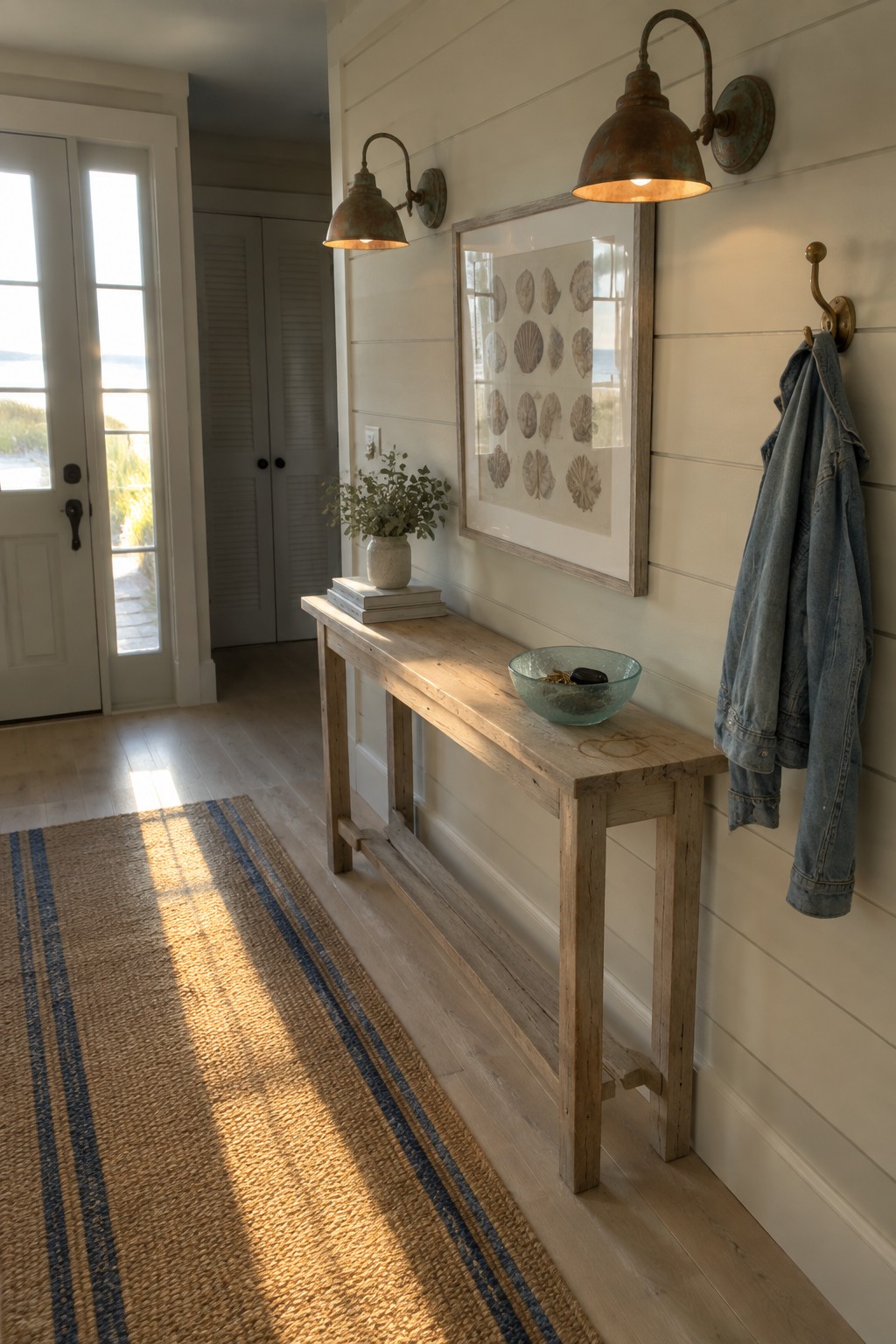Narrow interior hallway with two copper wall sconces above a wooden console table, framed shell print, and a jacket on a wall hook.