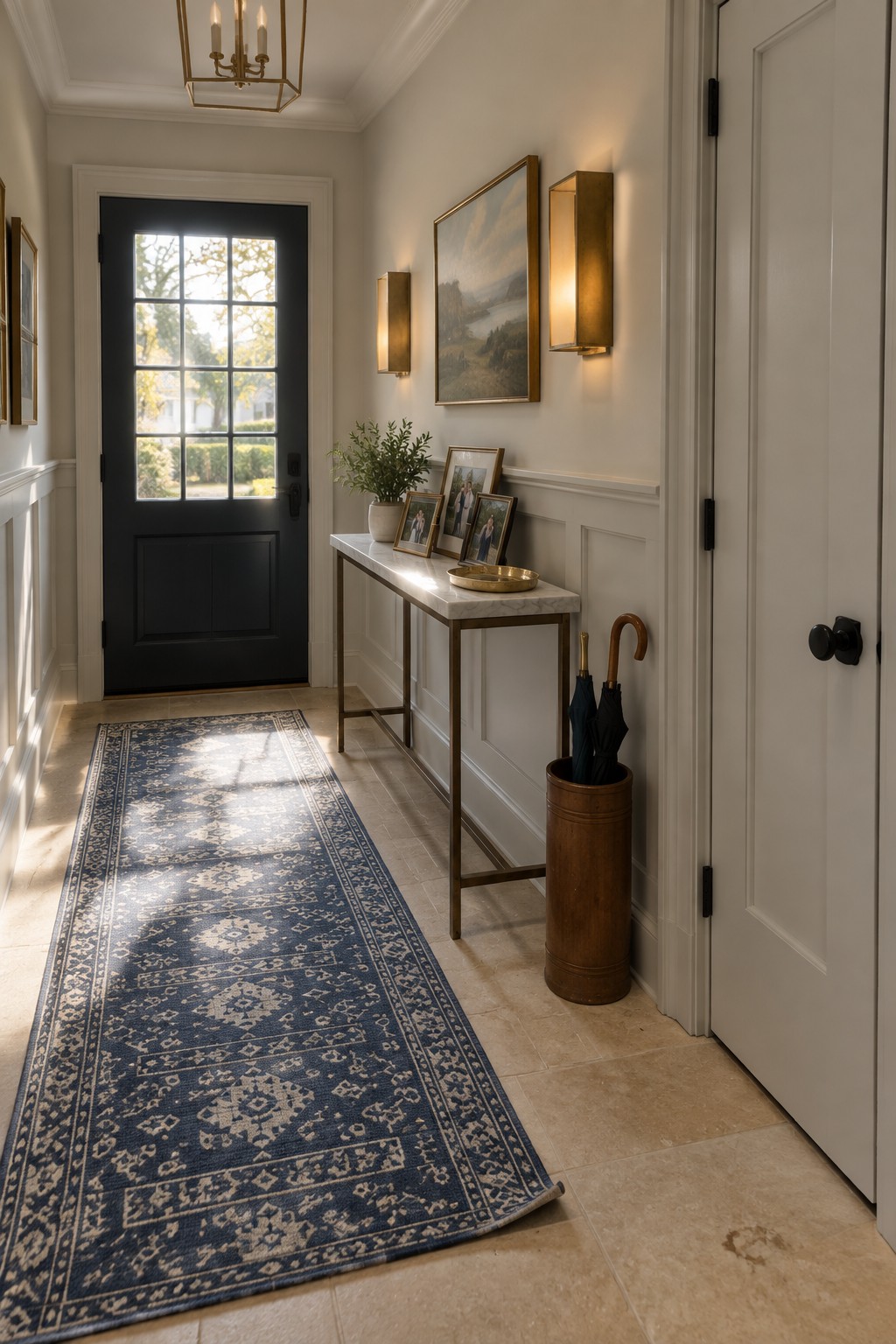 A narrow interior entryway with a dark front door, marble console table, two brass wall sconces, framed pictures, and a blue patterned runner on tile floor.