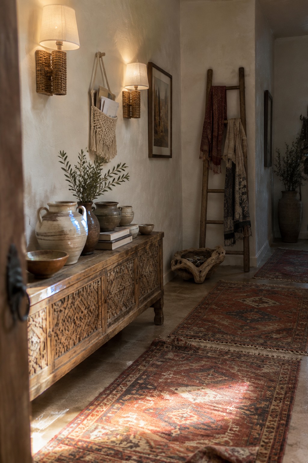 Rustic hallway with carved wooden console, pottery, woven lamps, textile ladder, and red rugs.