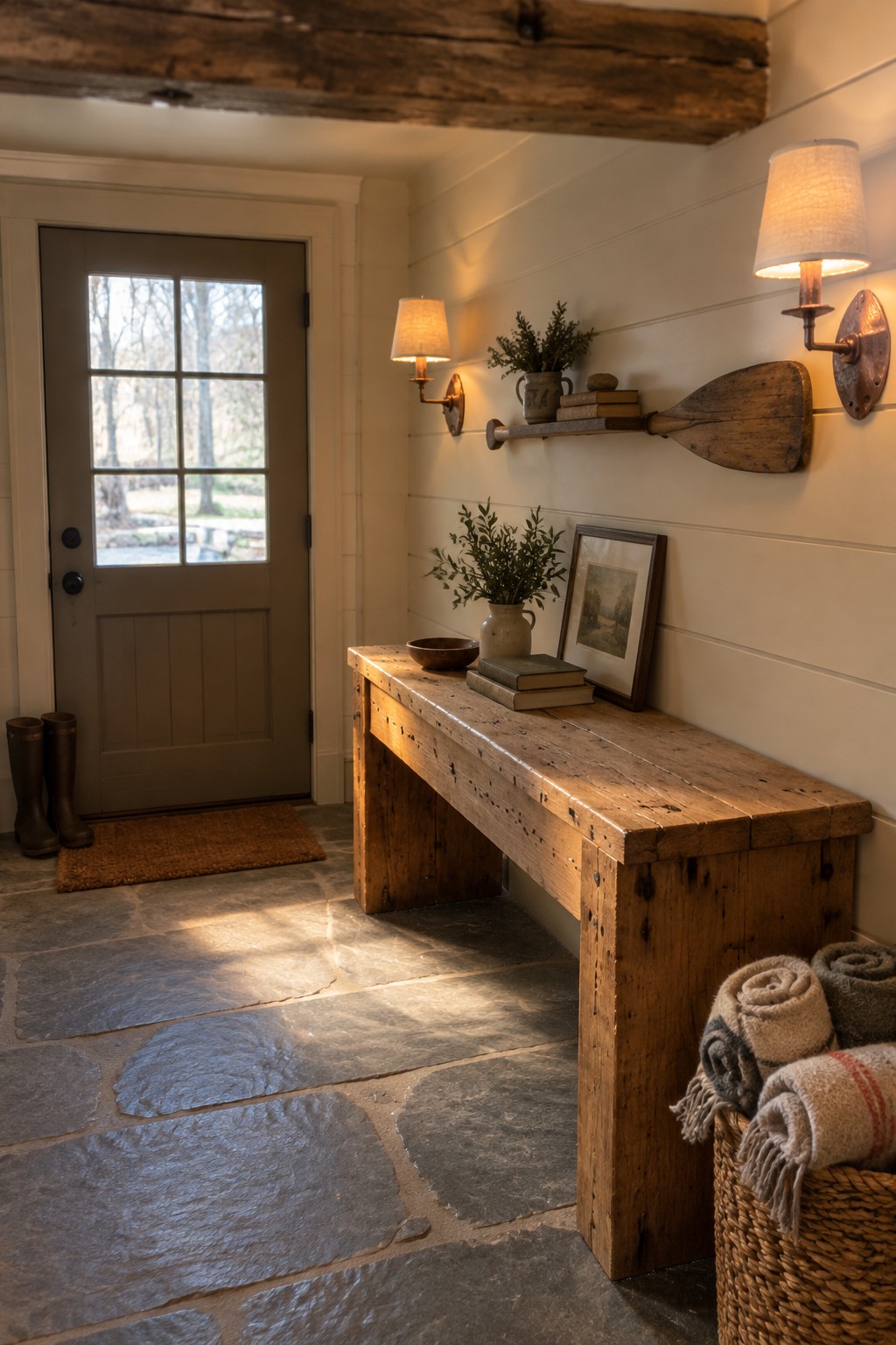 A narrow indoor entryway with a gray door, stone floor, wooden bench against a white shiplap wall, two wall-mounted sconces, and a basket of blankets in the corner.