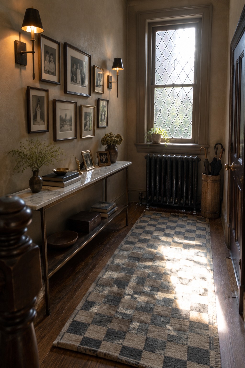 A narrow interior entry hallway with two black wall sconces, a long marble console table, framed pictures on the wall, a checkered runner rug, and a window above a black radiator.