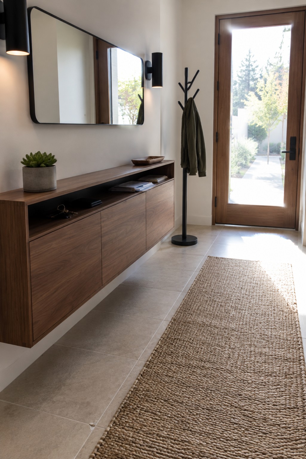 A narrow interior entryway featuring a floating wood console table, a large black-framed mirror, two black cylindrical wall sconces, and a long woven runner rug on tiled flooring leading toward a wooden door.