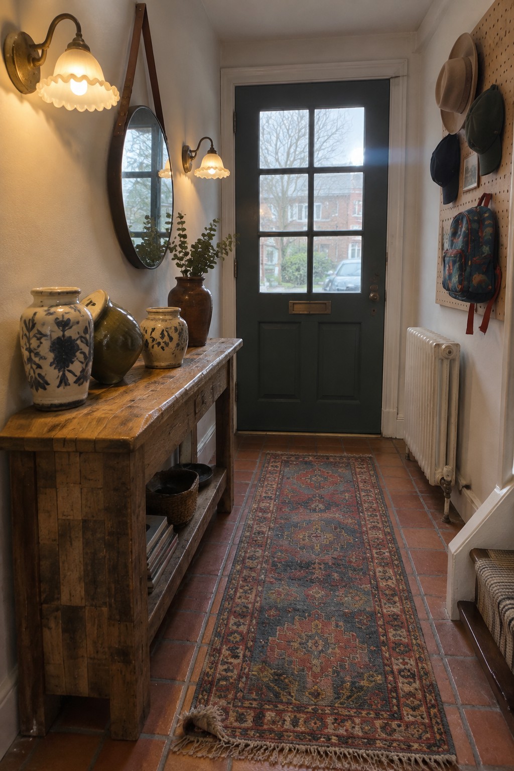 A narrow interior entryway with terracotta tile flooring, a wooden console table holding ceramic vases, two wall-mounted sconces, a round mirror, and a long patterned runner rug leading to a dark green front door.