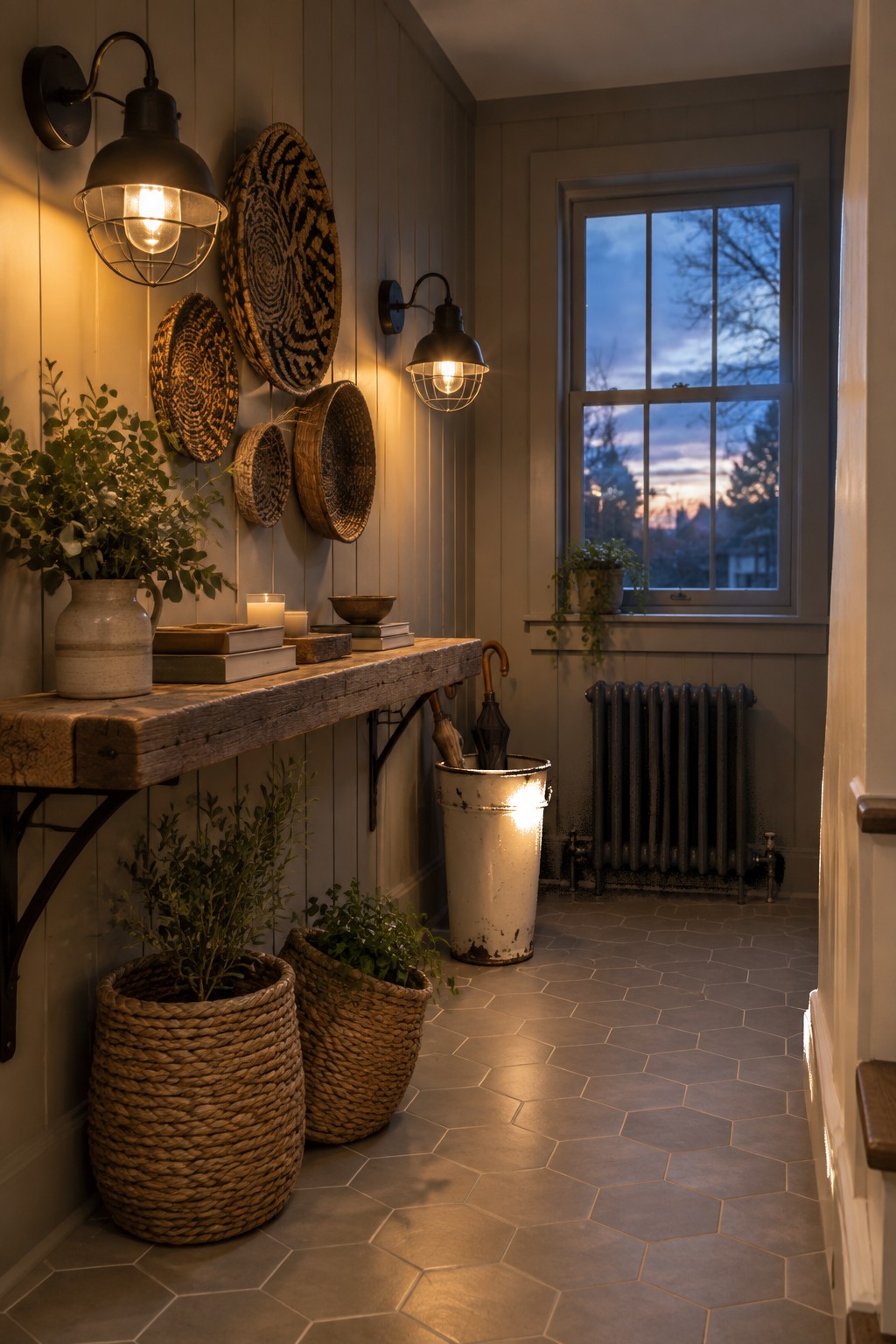 Narrow entryway interior with gray vertical paneling, two black cage-style wall sconces, a rustic wooden bench holding books and a vase, woven baskets on the floor, and a window showing dusk outside.