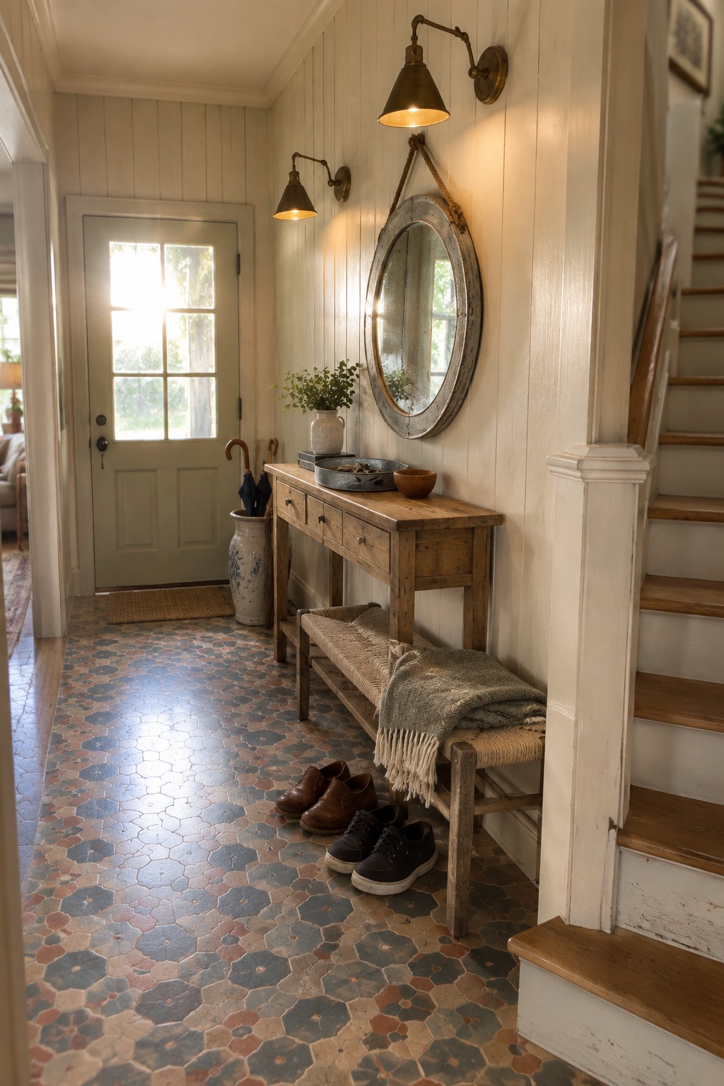 A narrow interior entryway with white vertical paneling, a wooden console table beneath a round metal-framed mirror, two brass wall sconces, a woven bench with shoes underneath, and patterned tile flooring leading to a front door.