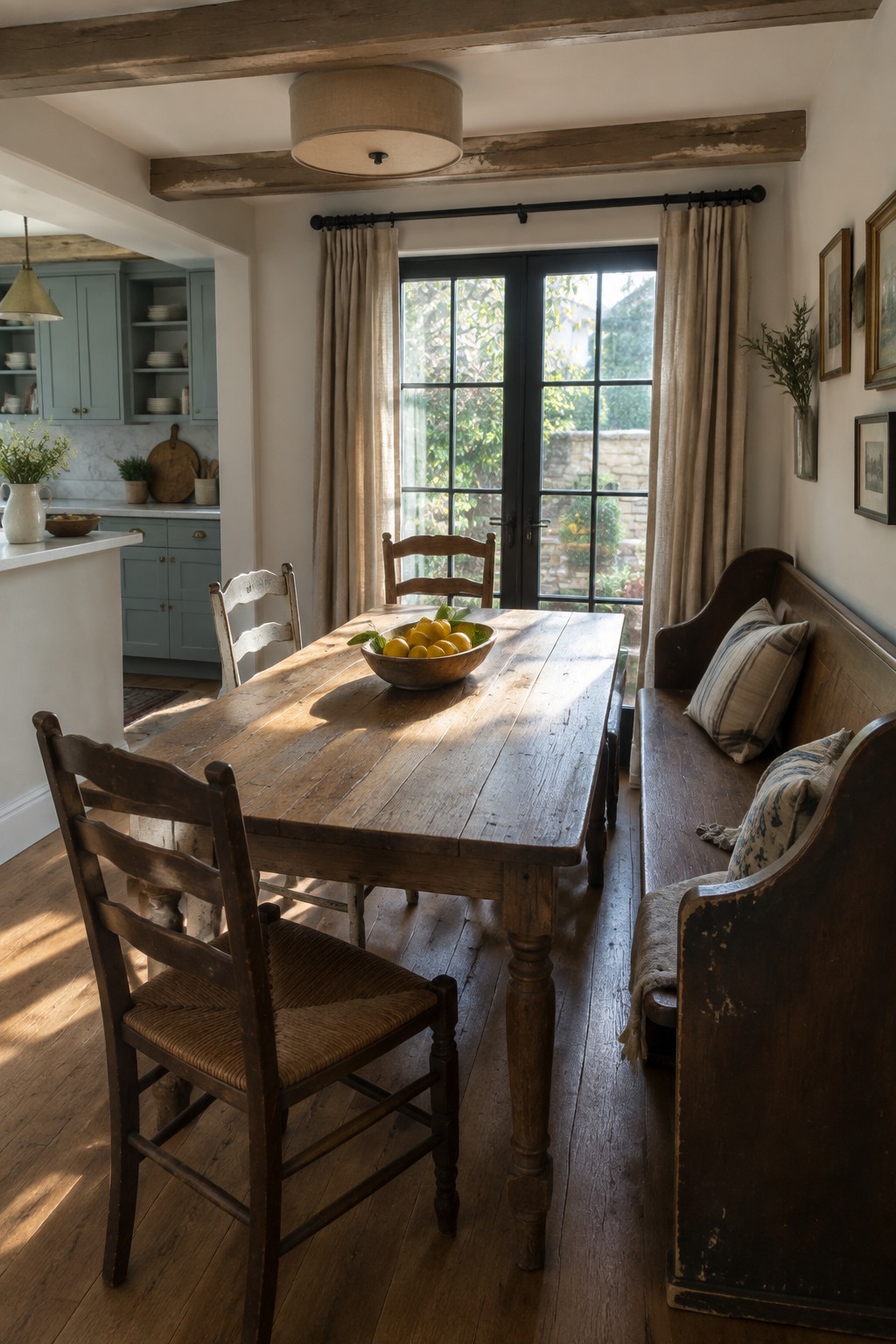 Rustic wooden dining table with lemon bowl beside bench in sunlit kitchen