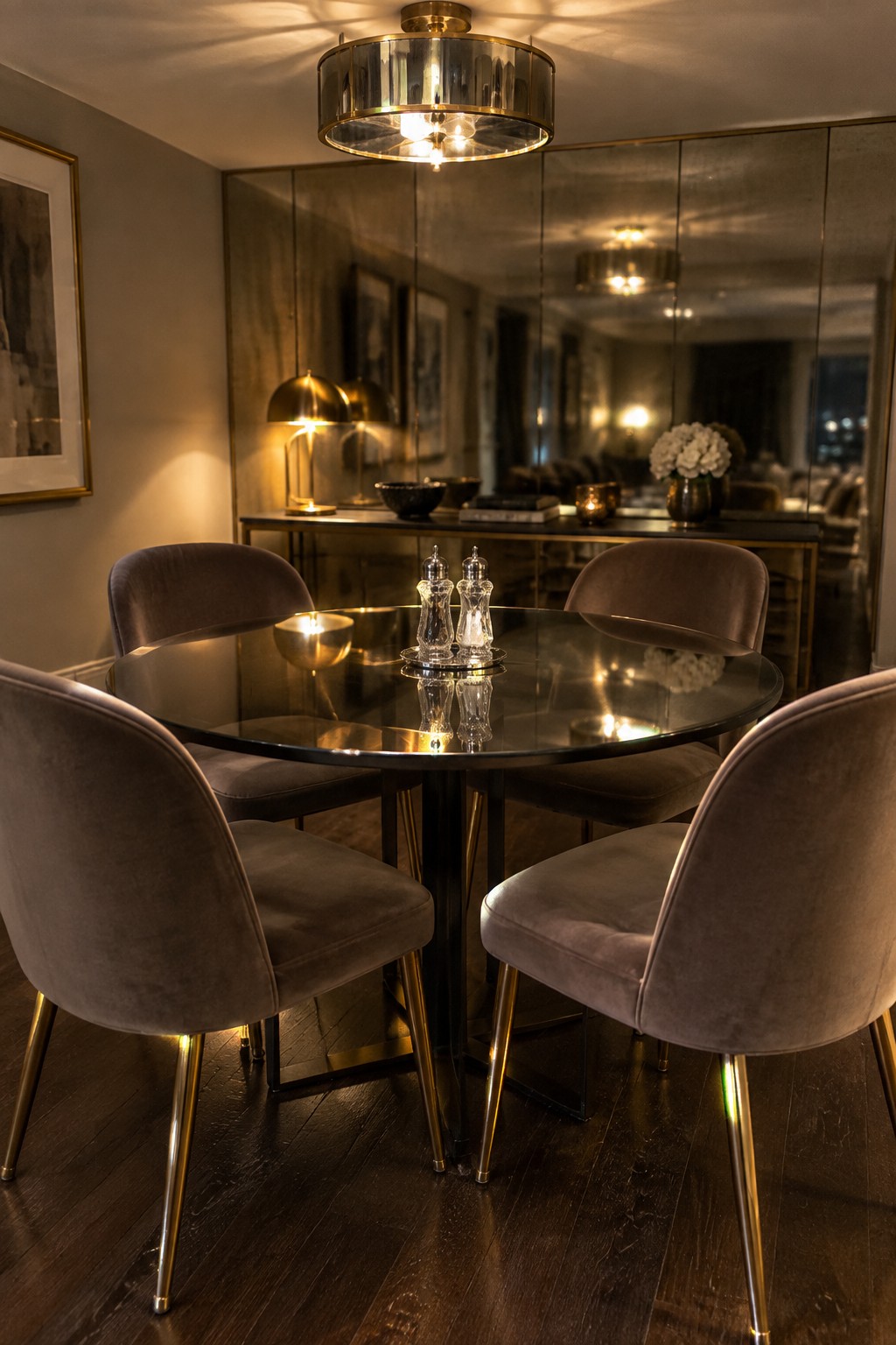Round glass table with four velvet chairs, crystal shakers, and modern chandelier in mirrored room