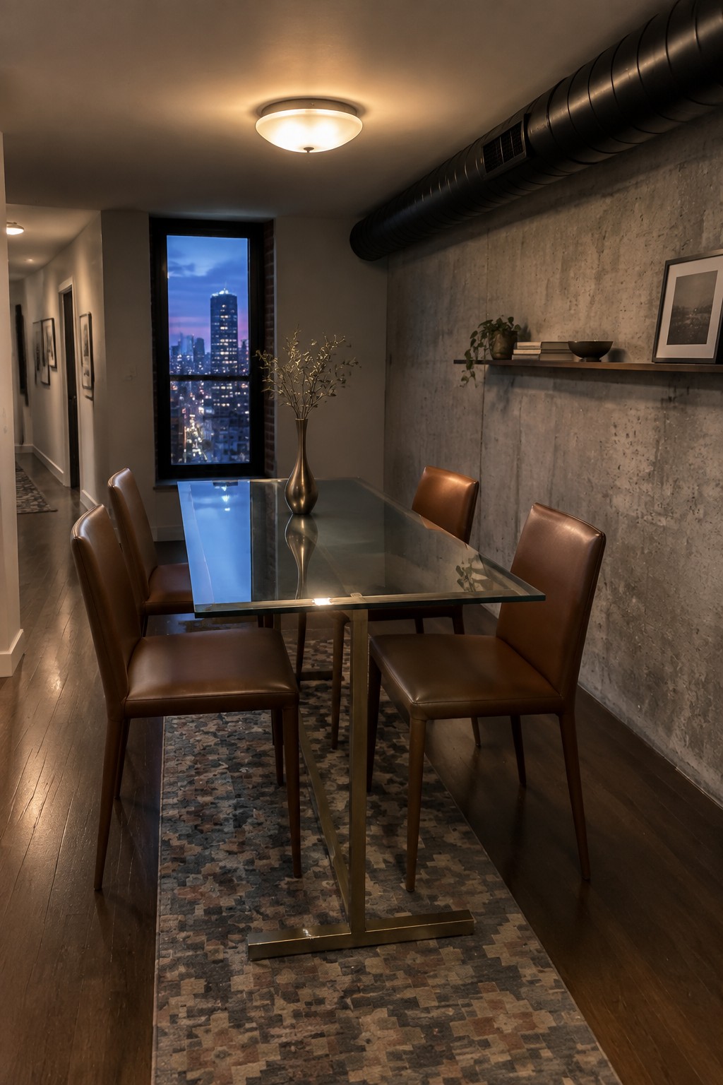 A modern dining room with a glass table, four brown leather chairs on a patterned rug, and a round flush mount ceiling light above the table next to a large window.