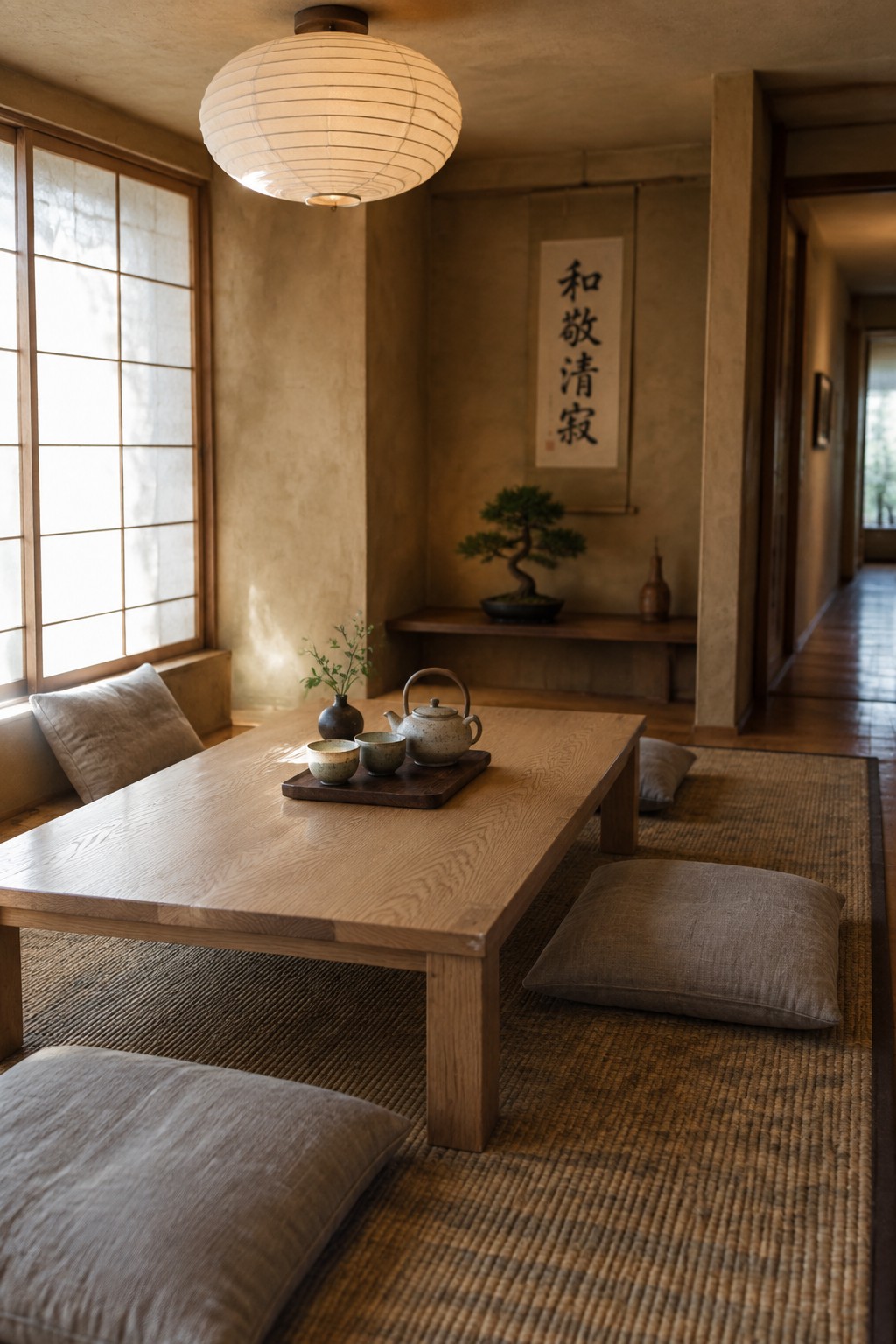 A traditional Japanese dining room with a low wooden table, floor cushions on tatami mats, a ceramic tea set on a tray, and a round white paper lantern hanging from the ceiling.