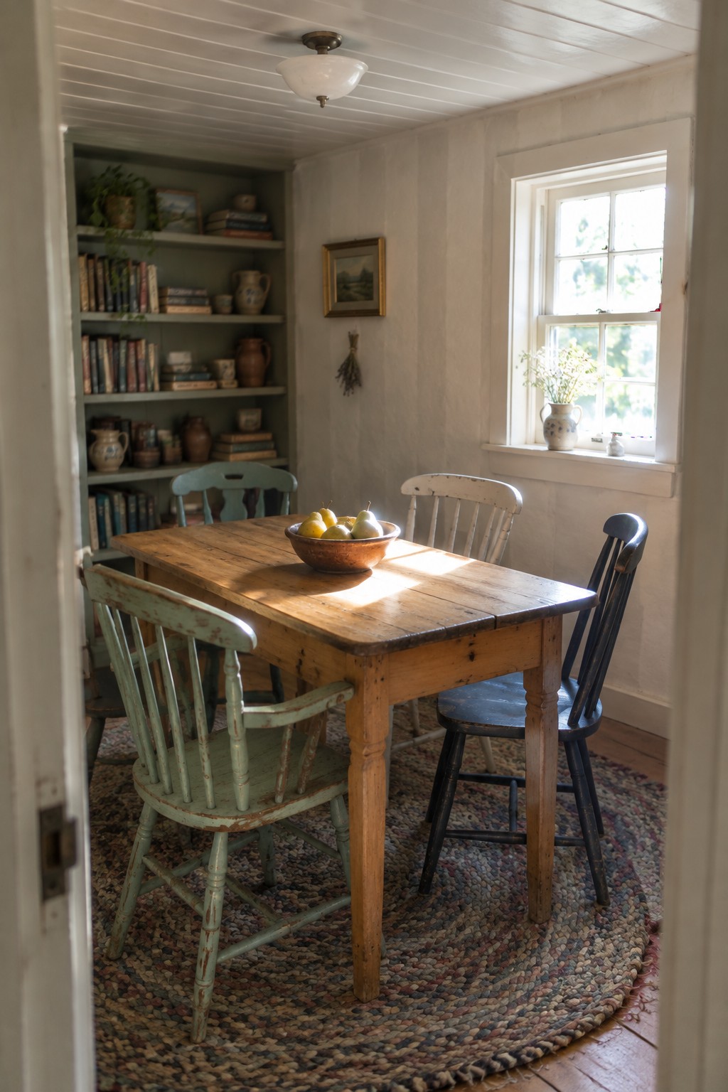 Rustic wooden table with pears, mismatched chairs on colorful braided rug near sunlit window