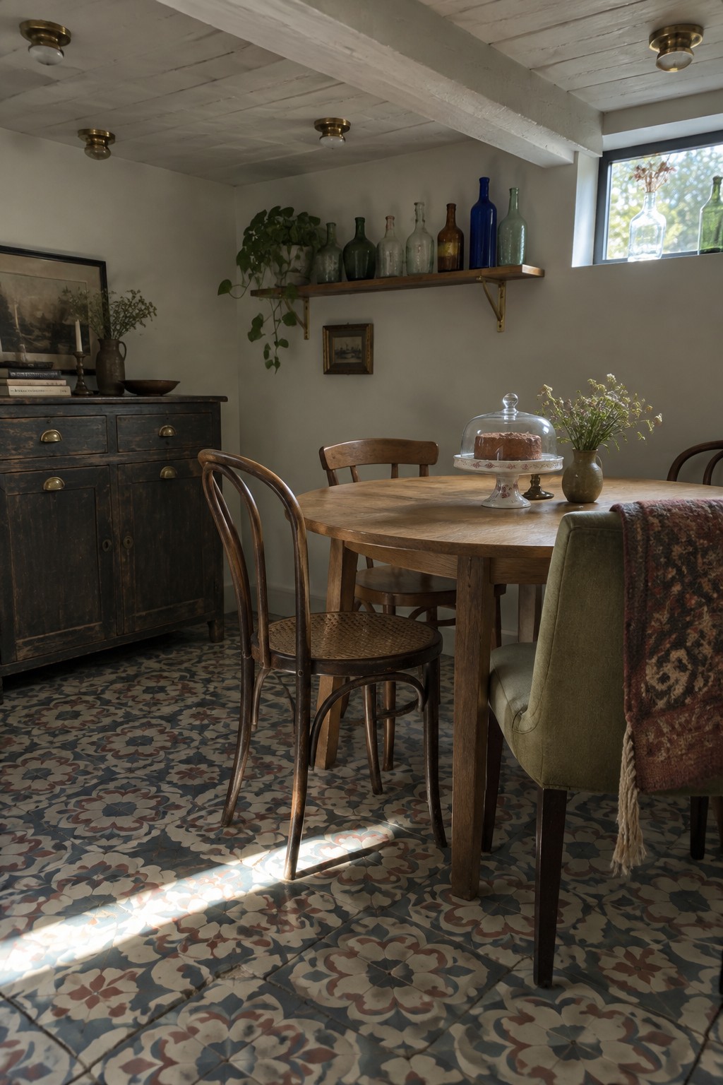 A dining room with a round wooden table set with a cake and flowers, mixed wooden and upholstered chairs, patterned tile floor, dark wood sideboard, and several small brass ceiling lights on a low white ceiling with exposed beams.