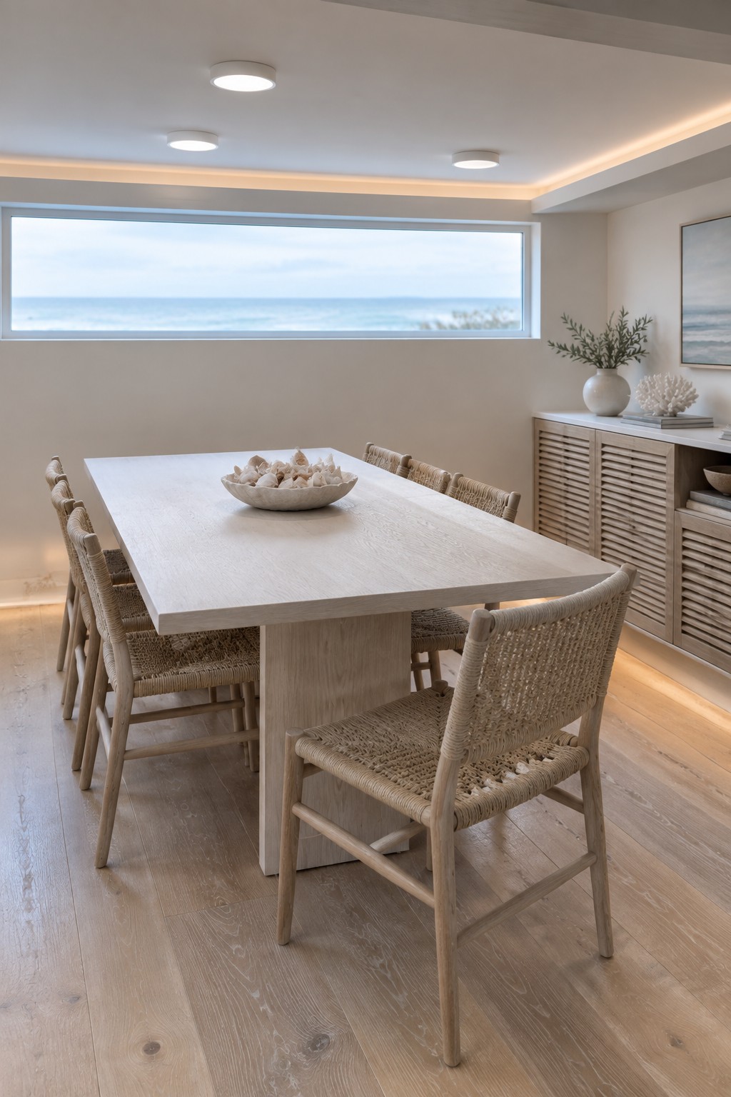 Light wooden dining table with woven chairs beside ocean view window