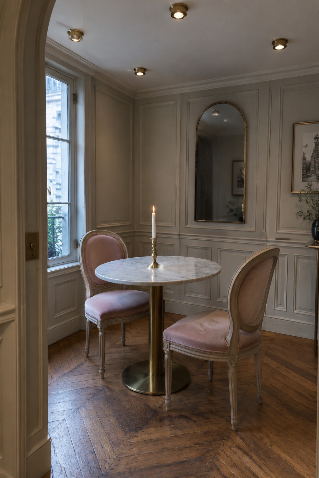 A round marble dining table with two pink upholstered chairs sits in a paneled corner room, lit by recessed ceiling lights and a single candle on a brass holder.