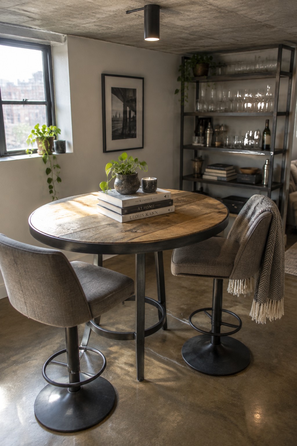 A round wooden dining table with two gray upholstered stools sits beneath a black cylindrical pendant light in a room with concrete ceiling and metal shelves.