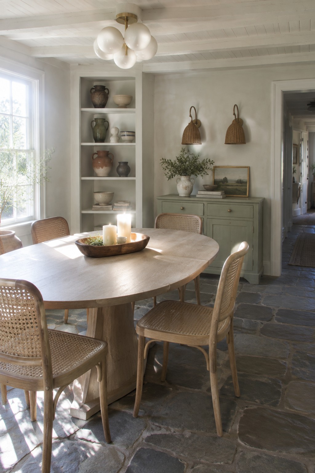 Rustic dining room with oval wooden table, cane chairs, stone floor, and pottery shelves.