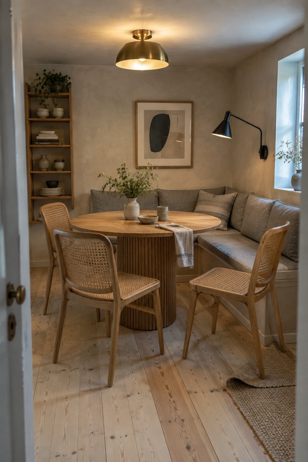 A round wooden dining table with two cane chairs sits beneath a brass dome ceiling light, next to a built-in bench with gray cushions.