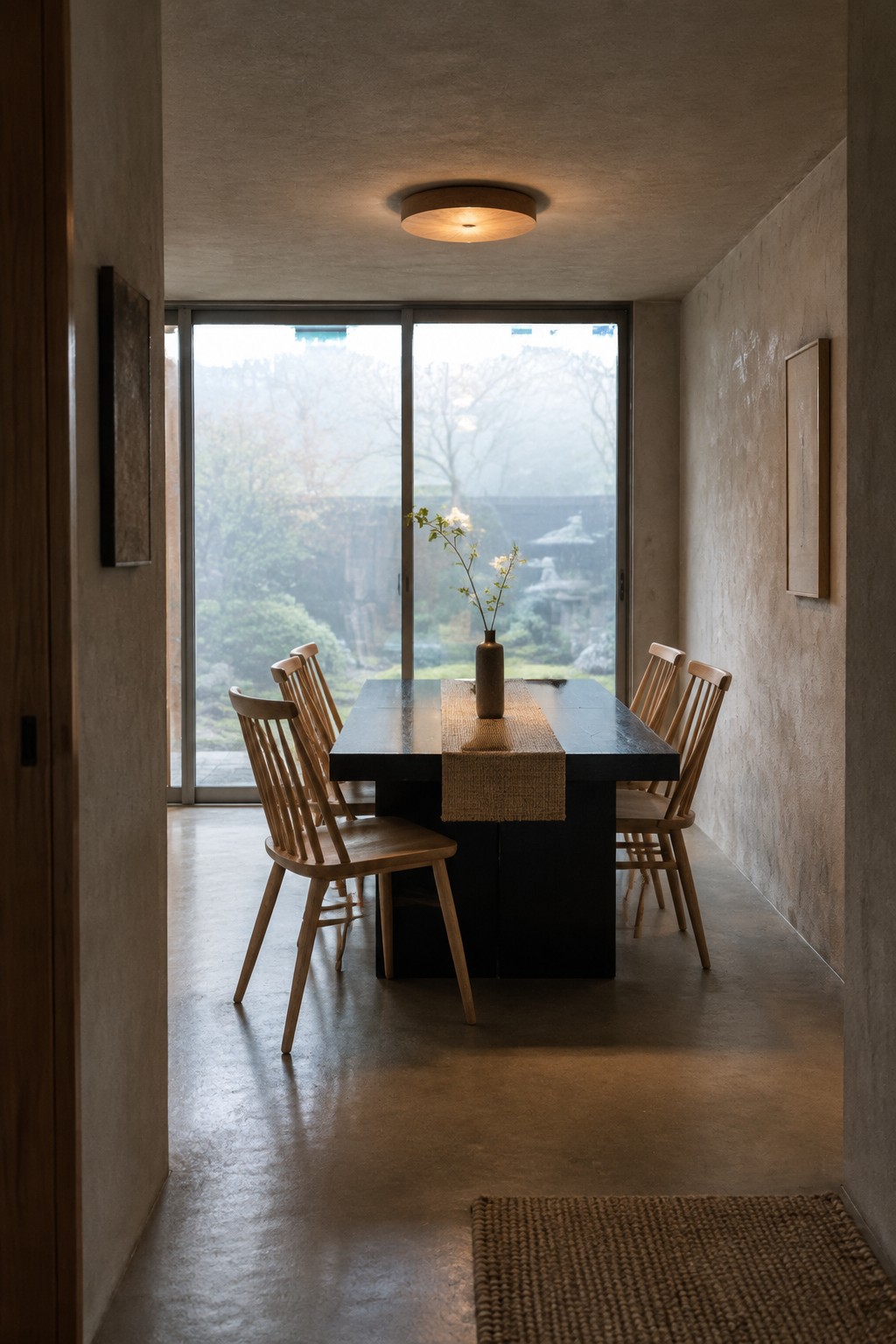 A minimalist dining room viewed from a doorway, featuring a long dark table with wooden spindle-back chairs, a woven table runner, a small vase of branches, and a round flush-mount ceiling light.