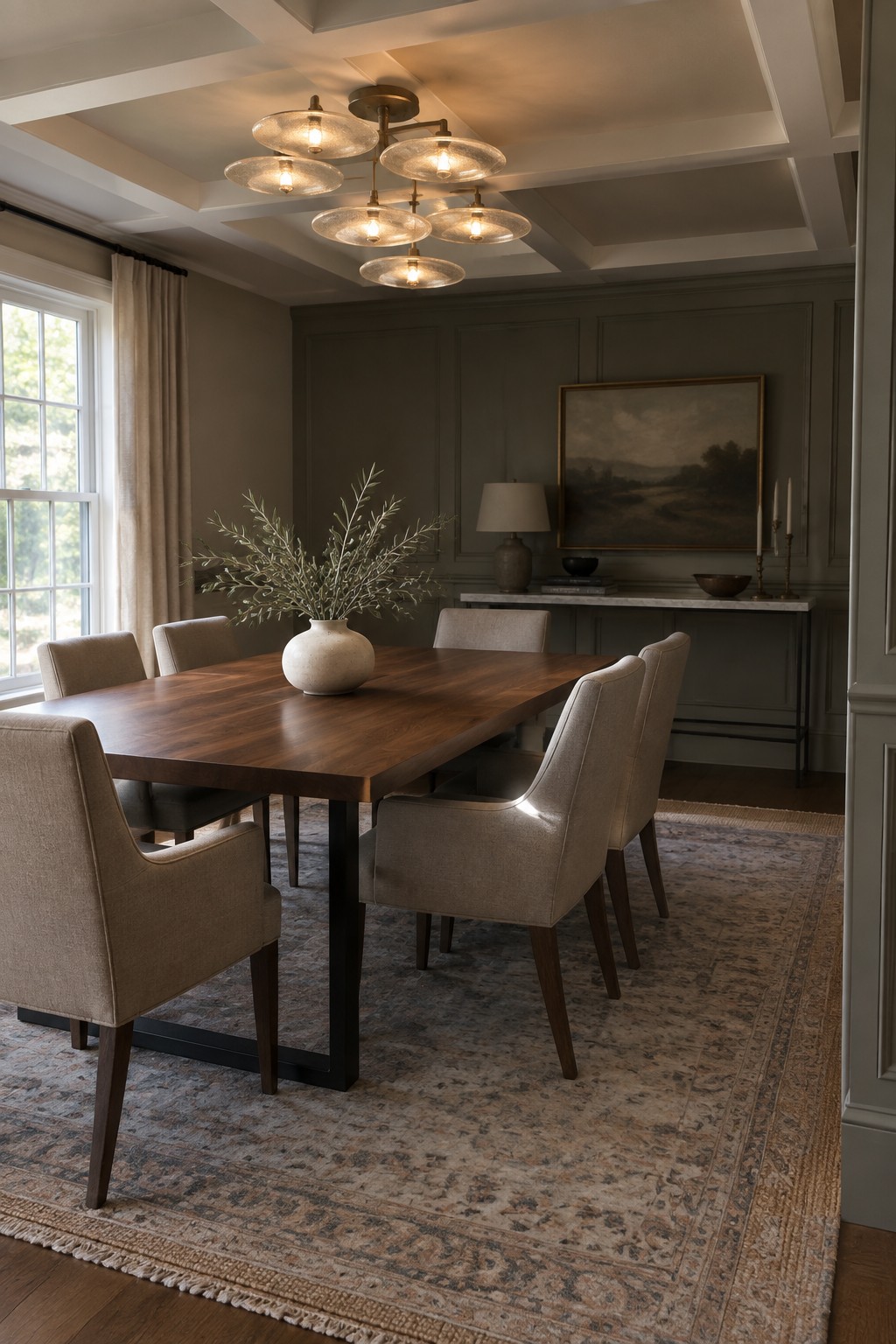 A dining room with a long wooden table, beige upholstered chairs on a patterned rug, and a multi-arm chandelier with glass shades hanging from a coffered ceiling.