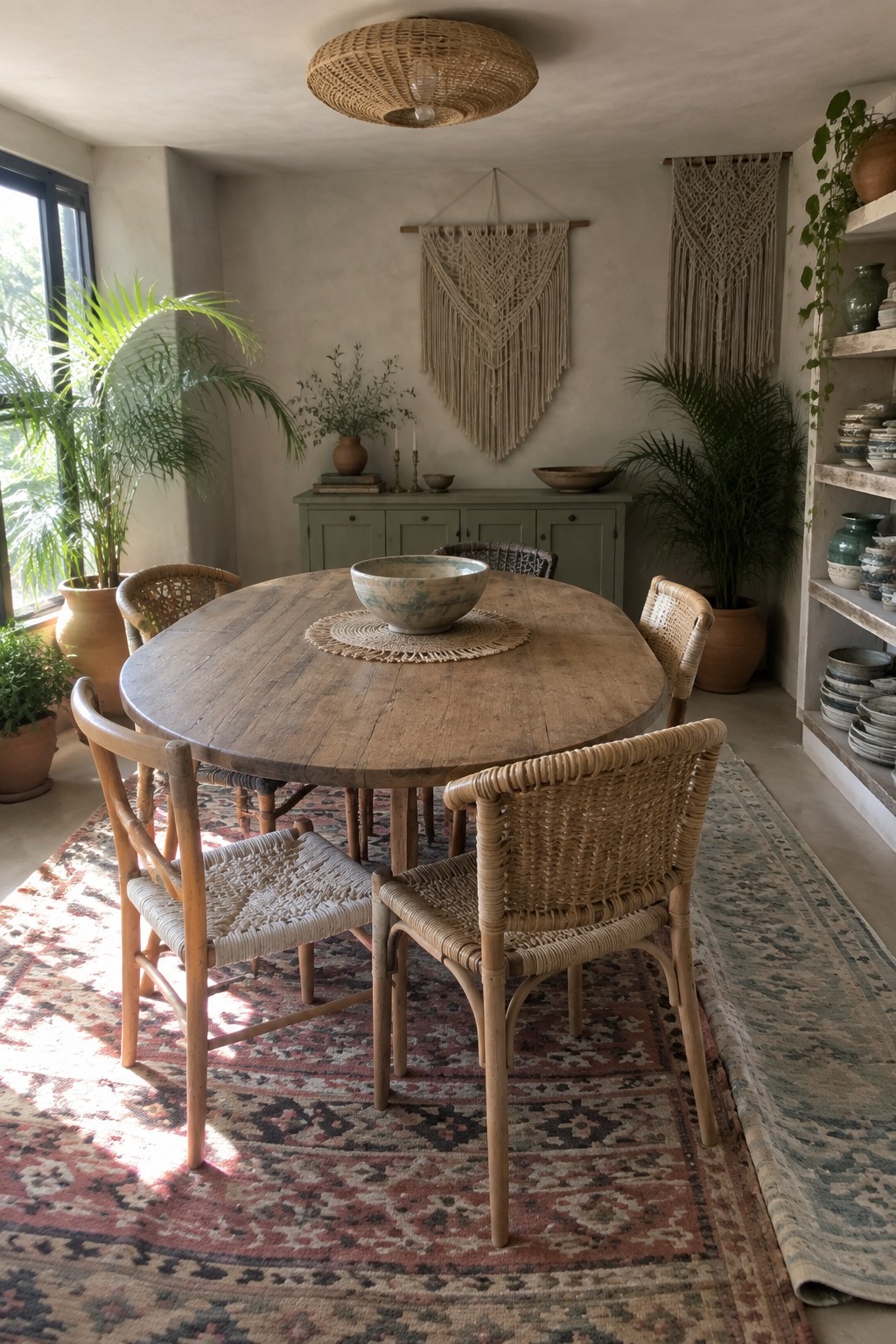 A round wooden dining table with woven rattan chairs is centered under a wide shallow woven pendant light in a room with macrame hangings and green plants.