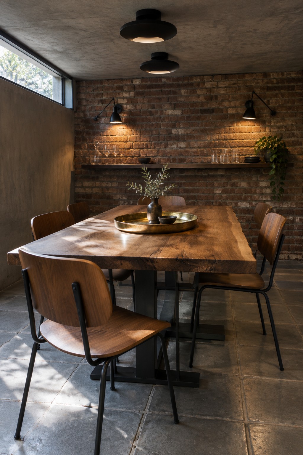 A rectangular wooden dining table with a metal tray and vase in the center, surrounded by wooden chairs with black metal frames, under two black circular ceiling lights against a brick wall.