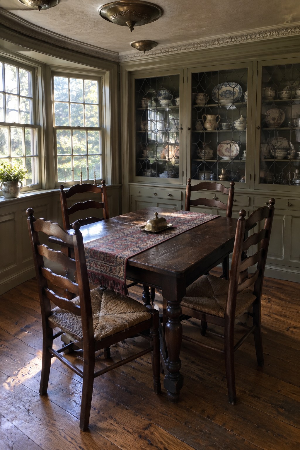 A dining room with a dark wooden table, woven seat chairs, and a green built-in hutch holding dishes, illuminated by two small ceiling fixtures.