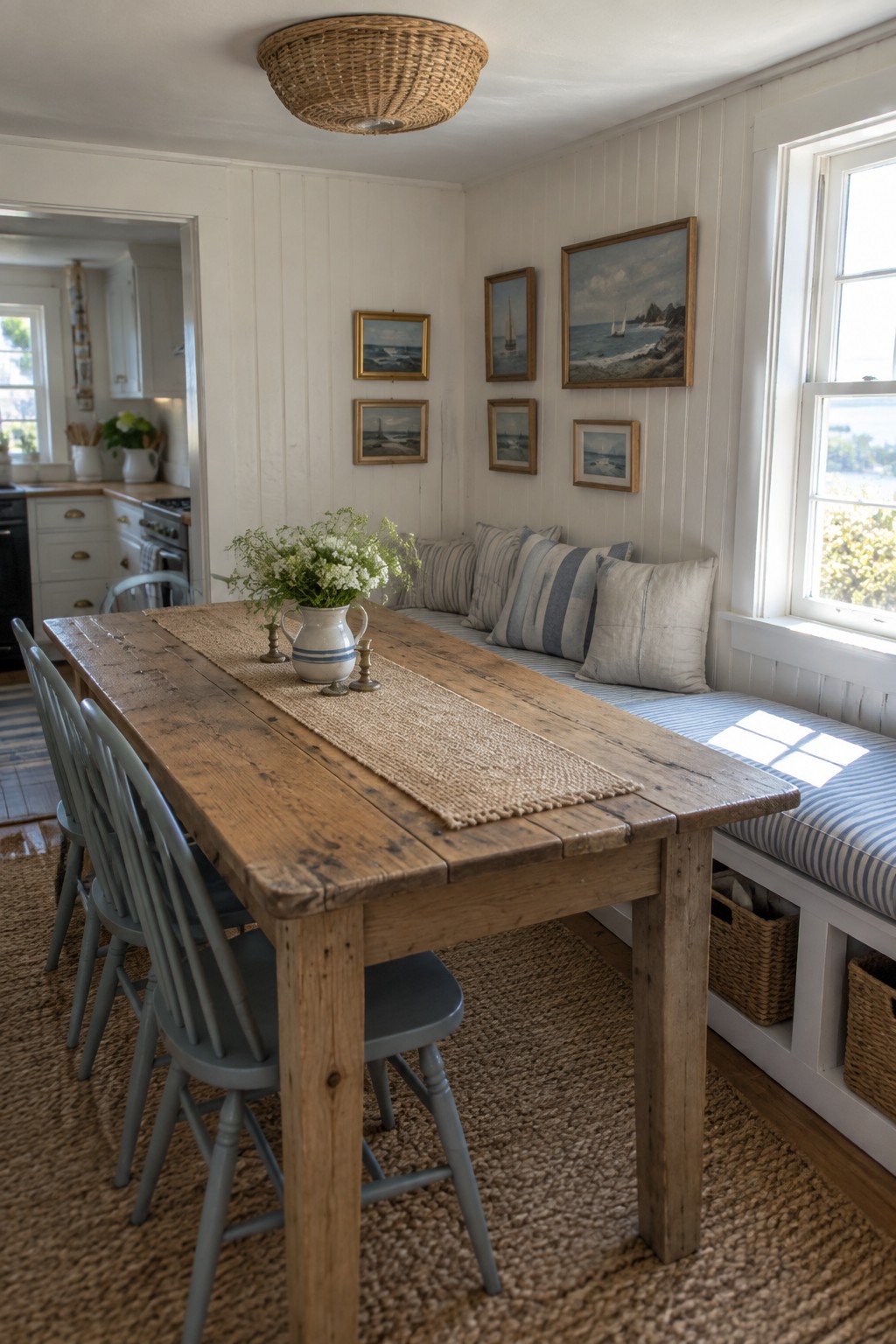 A dining room interior showing a long wooden table with gray chairs, a built-in bench with striped cushions under windows, framed nautical art on white walls, and a round woven light fixture on the ceiling.