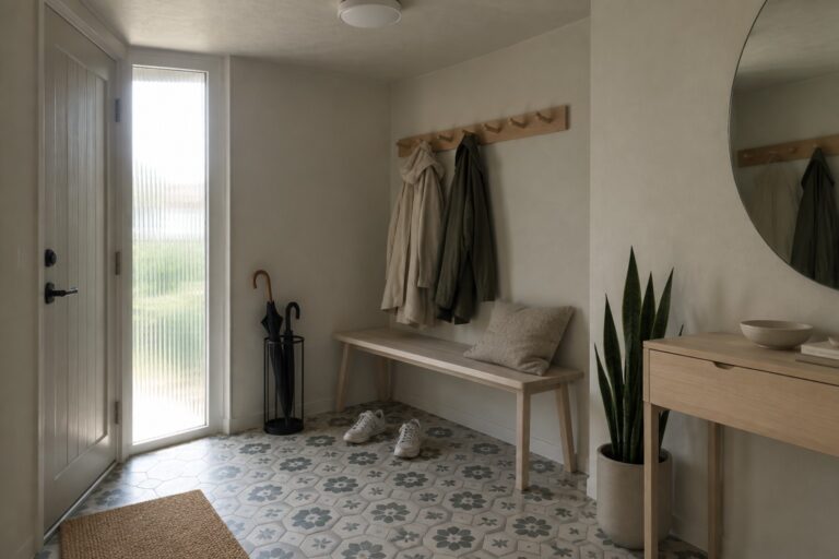 22 Sleek Flush Mount Entryway Lighting for Low Ceilings An interior entry space with a round white flush mount ceiling light, wooden bench, wall-mounted coat hooks, patterned tile floor, and a potted plant near a glass door.