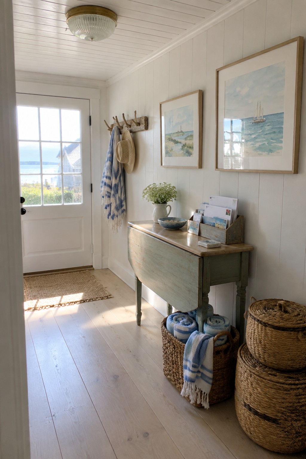 An interior entryway with white shiplap walls, a white door, light wood floor, and a round flush mount ceiling light above a drop-leaf table.