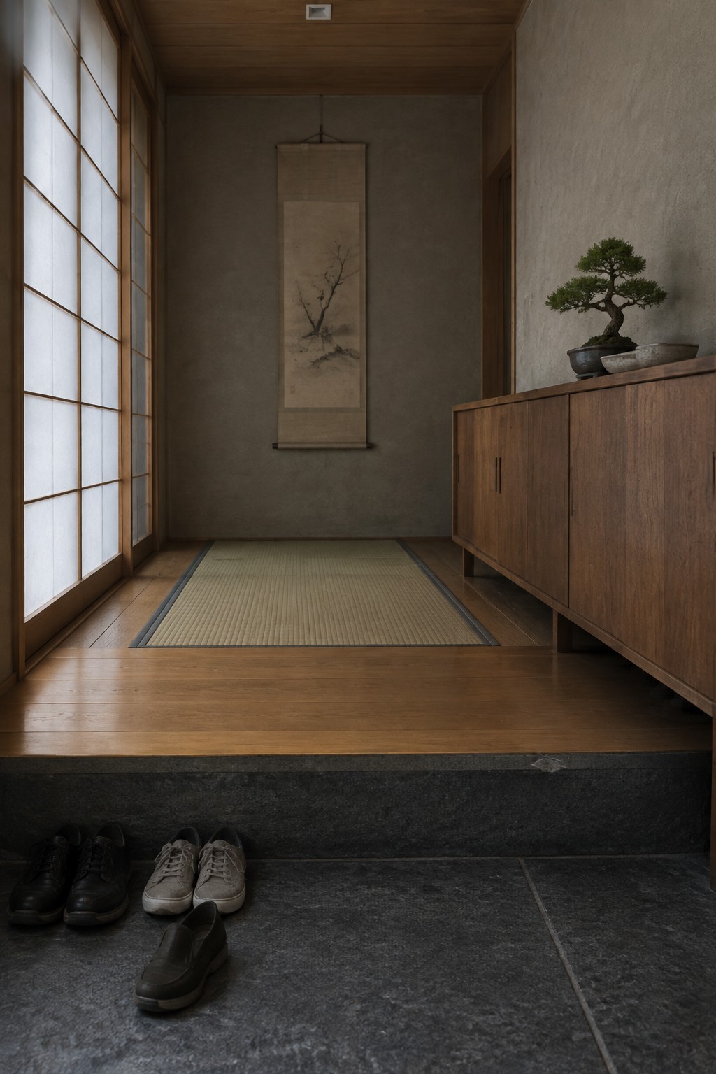 A low-ceiling Japanese-style entryway with a small flush mount light in the wooden ceiling, tatami mat on the floor, wooden cabinet, and shoes placed at the step.