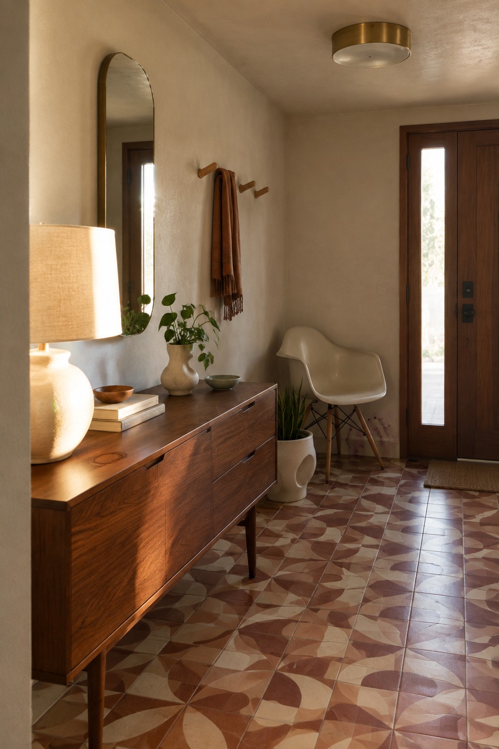 A round flush mount ceiling light above a narrow entryway with a wood console, mirror, and patterned tile floor.