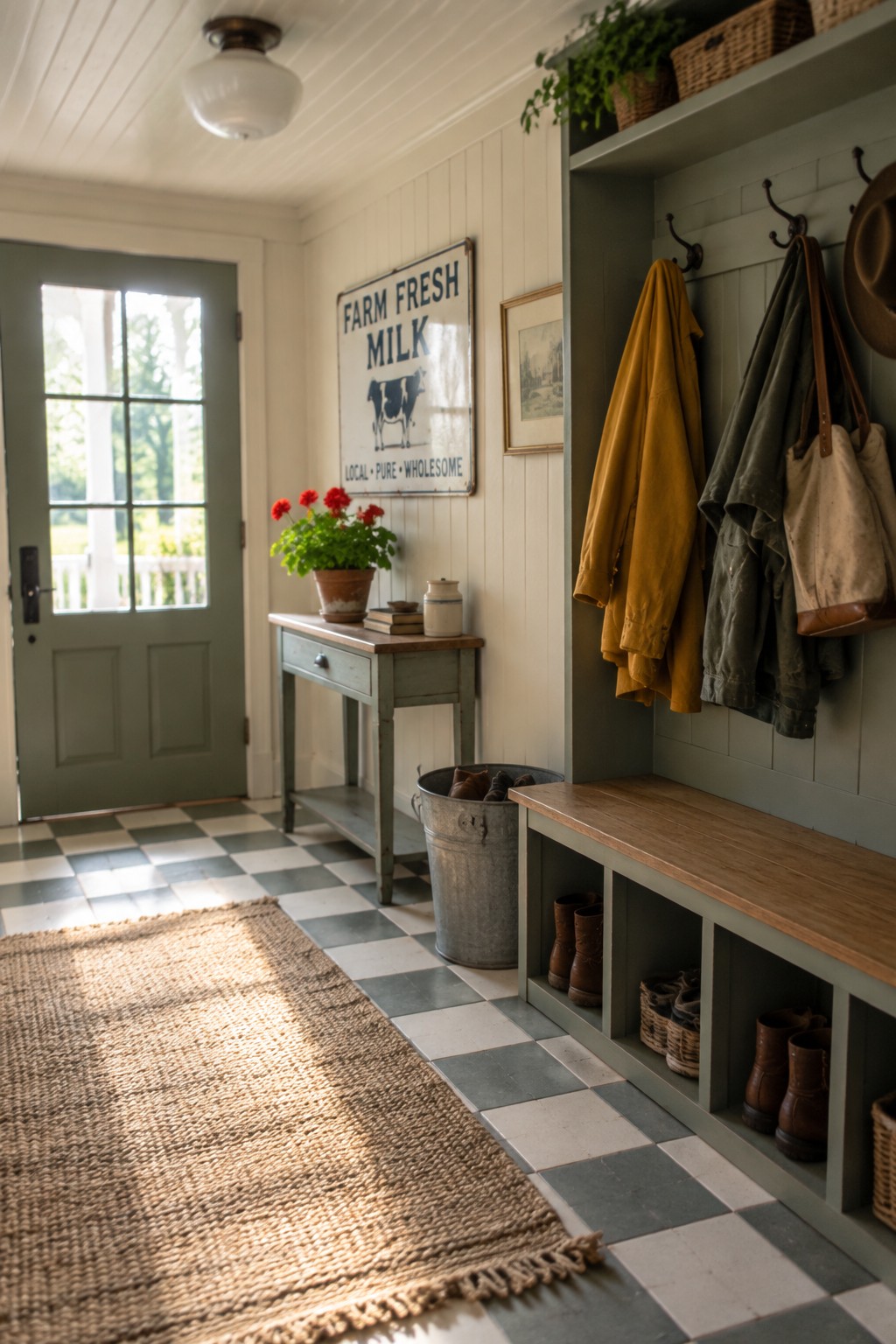 Rustic mudroom with green storage bench, hanging coats, boots, checkered floor, and milk sign