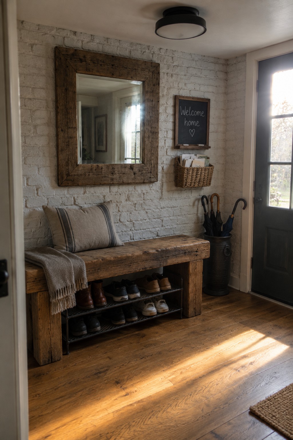 An entryway with white brick walls, a wooden bench holding shoes on a metal rack below, a large framed mirror, a chalkboard sign, and a black round flush mount ceiling light.