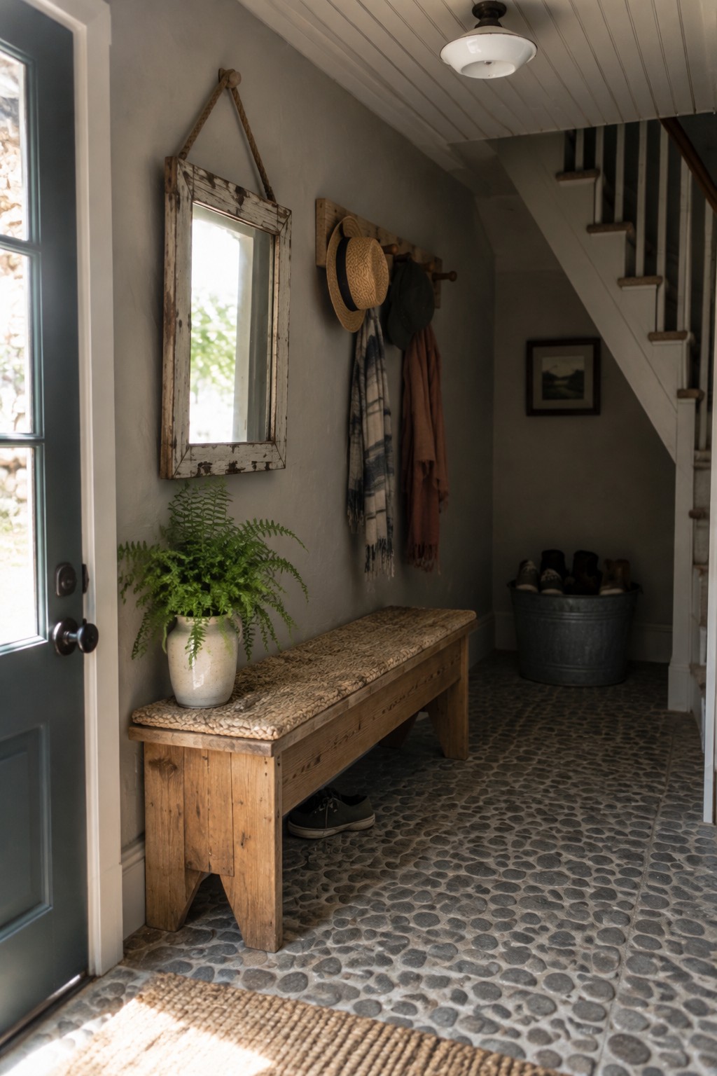 Rustic entryway with wooden bench, potted fern, distressed mirror, coat rack, and boot bucket
