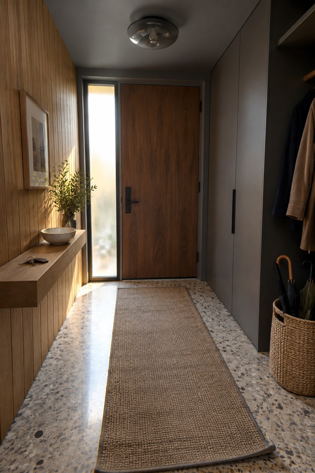 Narrow modern entryway with wooden door, terrazzo floor, jute rug, floating shelf, and coat closet.