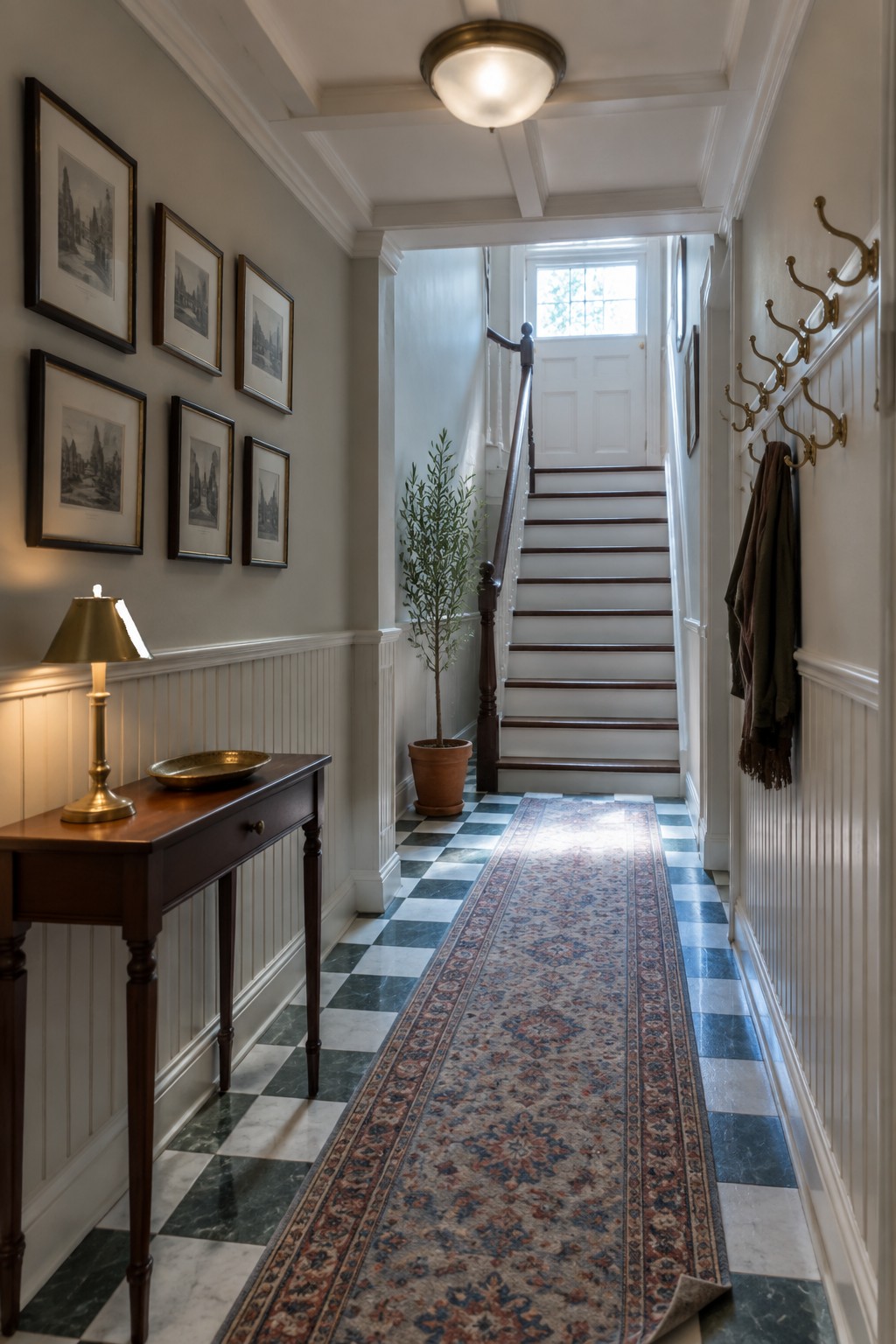 A narrow interior hallway with checkered tile flooring, a long patterned runner rug, framed pictures on the left wall, a wooden console table with a lamp, a potted plant, stairs on the right, and a flush mount ceiling light leading toward a white front door.