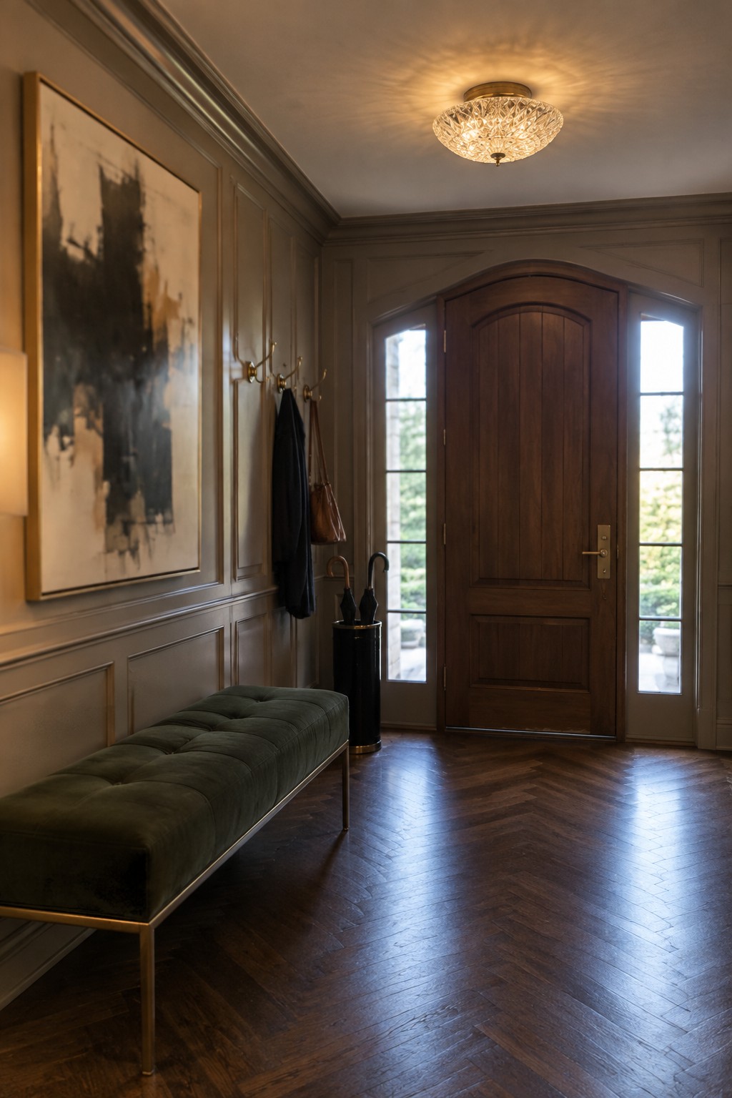 An interior entryway with a crystal flush mount ceiling light above a wooden arched door, green upholstered bench, and abstract wall art.