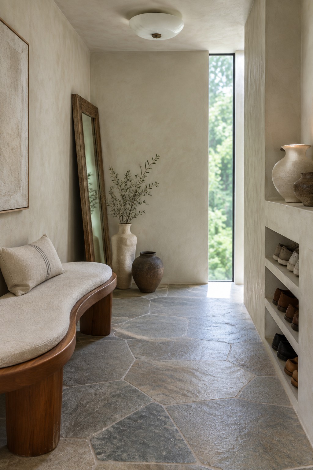 Minimalist entryway with curved bench, stone floor, leaning mirror, and shoe shelves