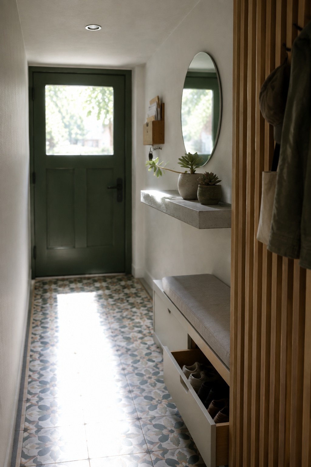 A narrow interior entryway with a green paneled door at the end, patterned tile floor, white walls, and a small round flush mount ceiling light visible near the top of the frame.