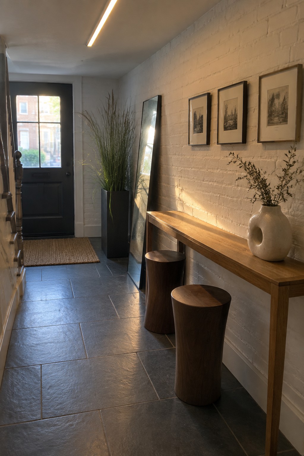 A narrow home entry hallway with dark slate tile floor, white brick wall, long wooden console table, two round wooden stools, tall mirror, and a linear flush mount light on the ceiling.