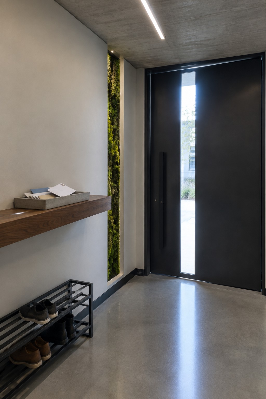 Modern entryway with moss wall, floating shelf, shoe rack, and black door.