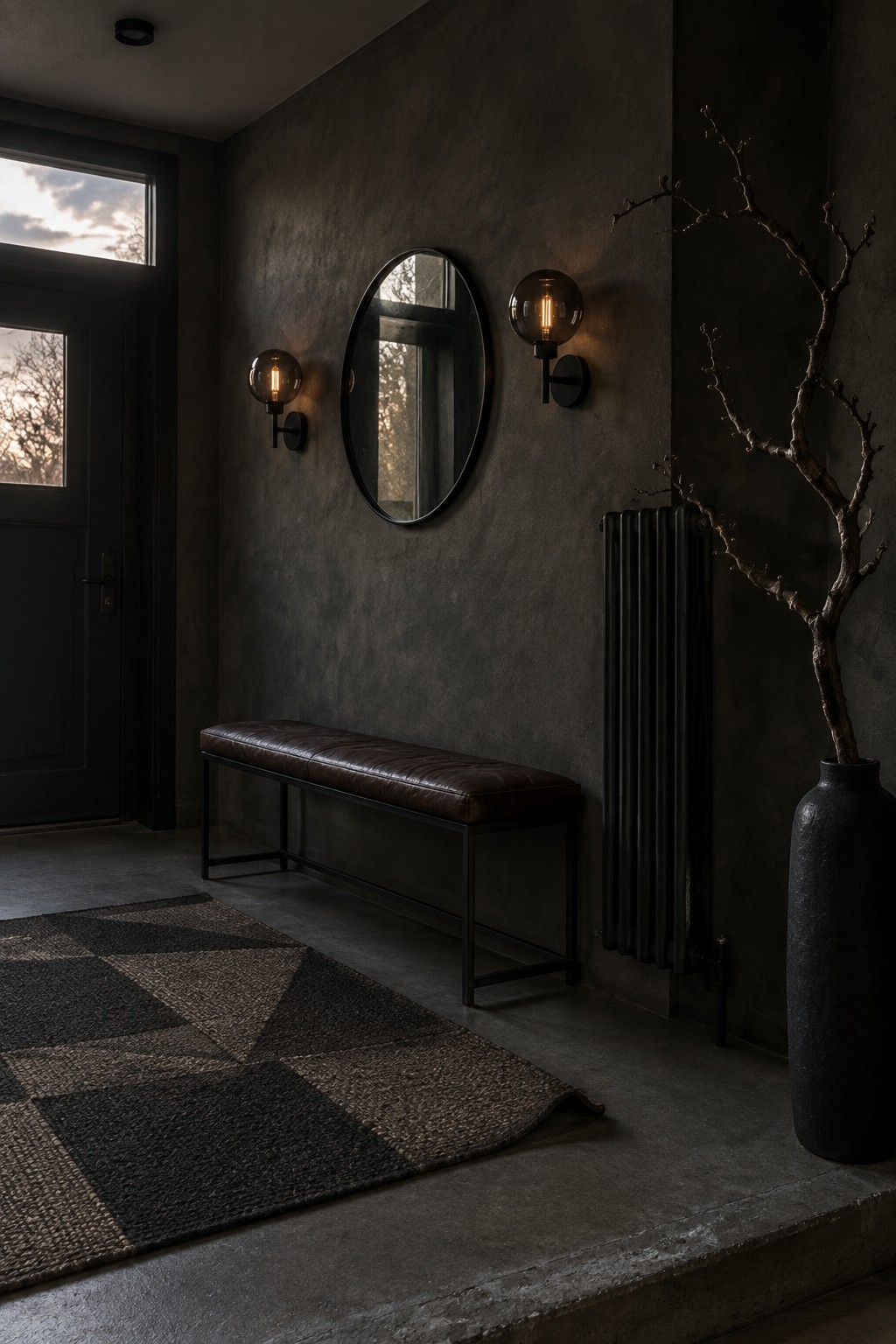 An entryway shows two globe wall sconces placed on either side of a round mirror above a brown bench against a dark textured wall.