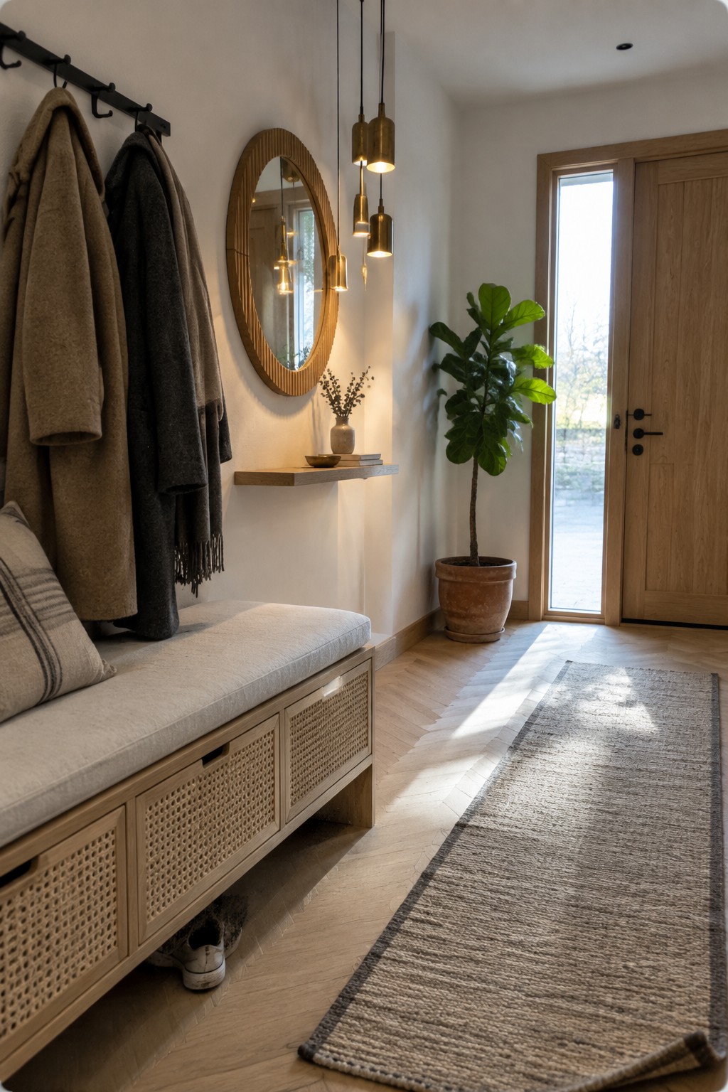 An entryway interior with a built-in bench holding coats, a round mirror on the wall, three brass pendant lights hanging at staggered heights, and a large potted plant beside a wooden door.