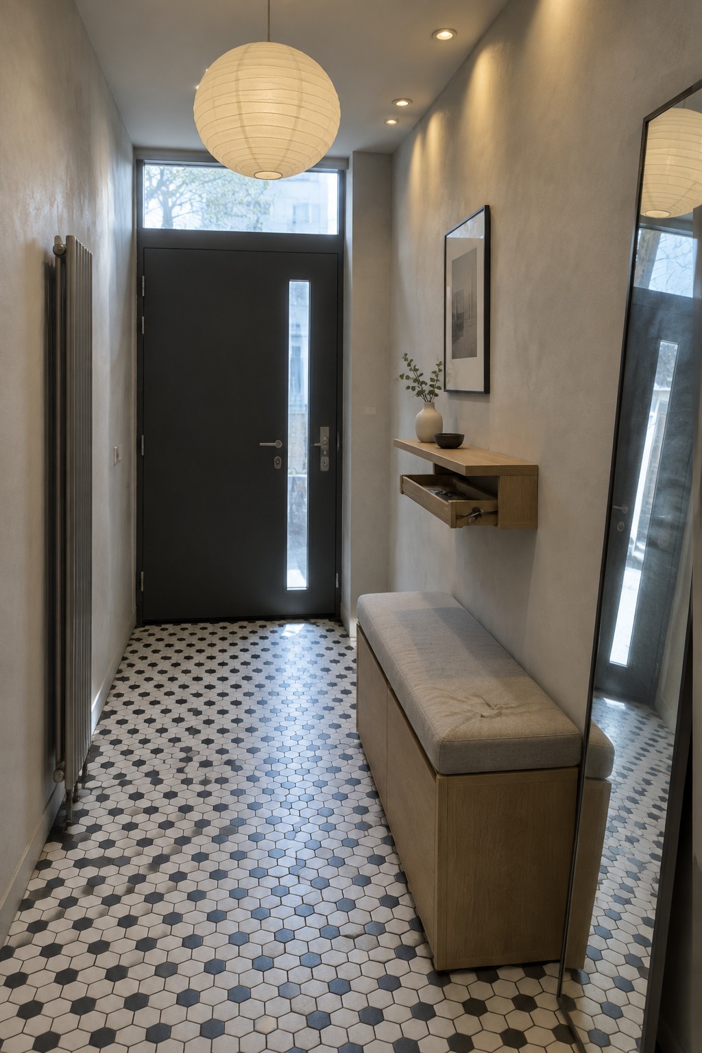 A narrow interior entryway featuring a large spherical white paper lantern pendant, recessed ceiling lights, a black front door with vertical glass panel, light wood bench, and patterned tile floor.