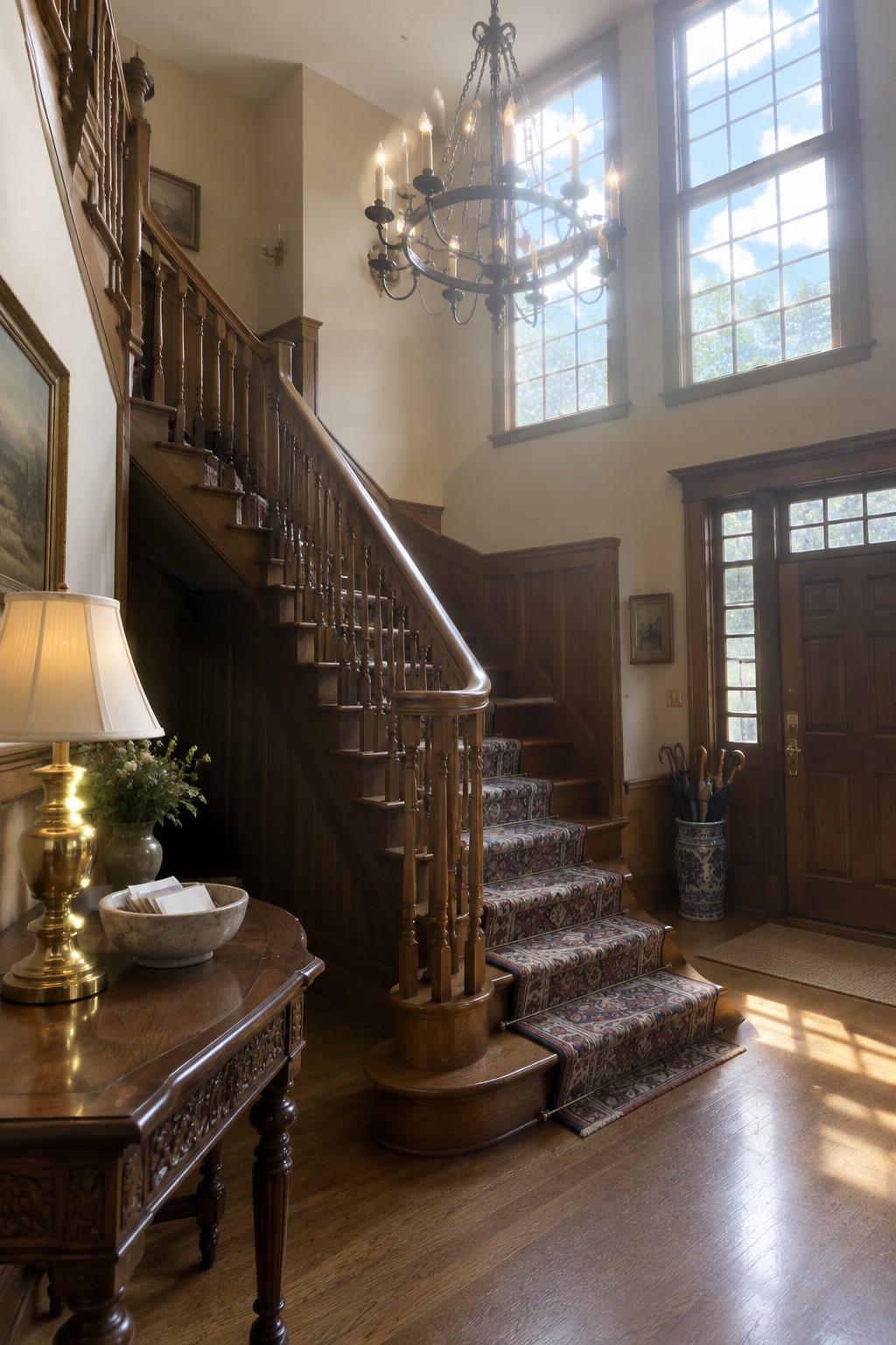 Interior view of a two-story entry hall with a wooden staircase, lit chandelier, console table with lamp, and front door with sidelights.